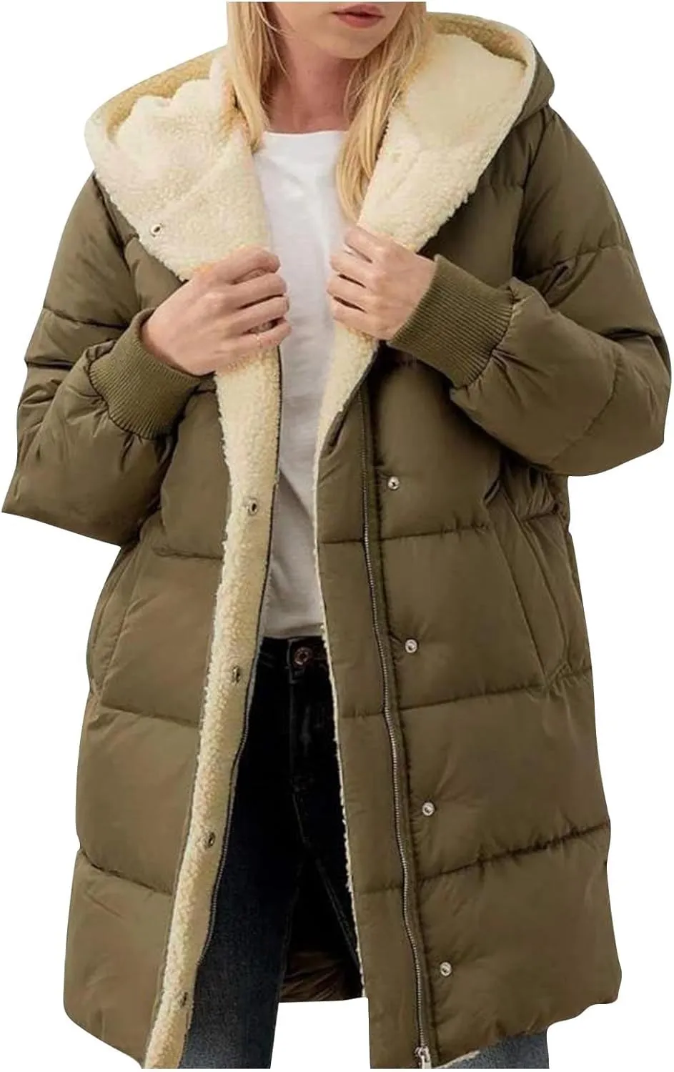 Womens Winter Jacket, Zipper Puffer Down Jackets Long Sleeve Casual Outerwear Trendy Mid Long Warm Outerwear