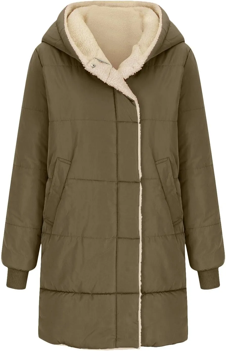 Womens Winter Jacket, Zipper Puffer Down Jackets Long Sleeve Casual Outerwear Trendy Mid Long Warm Outerwear