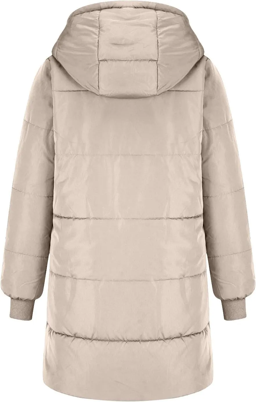 Womens Winter Jacket, Zipper Puffer Down Jackets Long Sleeve Casual Outerwear Trendy Mid Long Warm Outerwear