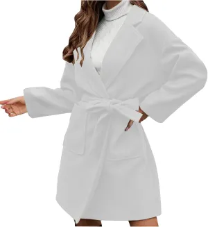 Women's Winter Wool Blend Peacoat Lapel Outerwear Trendy Jacket Casual Elegant Business Long Trench Coats with Belt