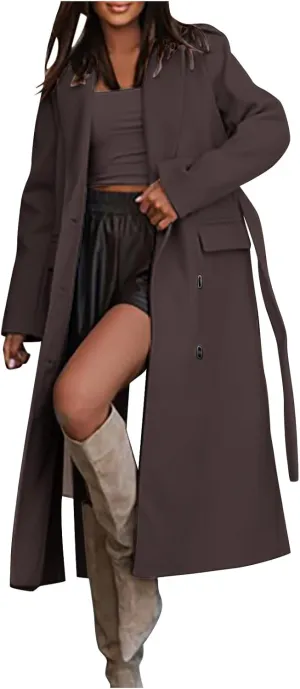 Women's Wool Blend Coat Oversized Long Coats Casual Winter Warm Double Breasted Pea Coat Jackets Outerwear with Belt