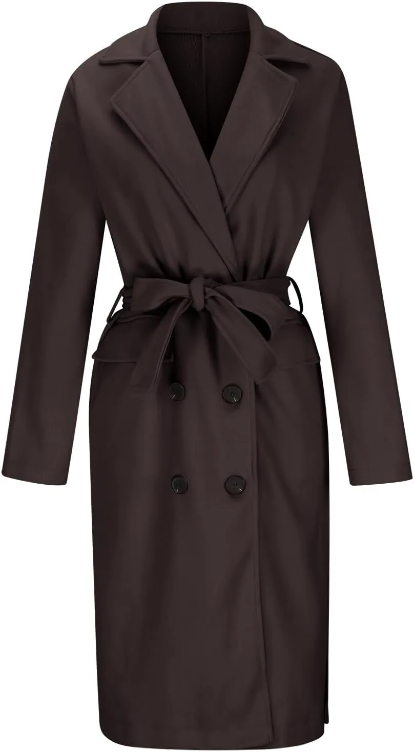 Women's Wool Blend Coat Oversized Long Coats Casual Winter Warm Double Breasted Pea Coat Jackets Outerwear with Belt