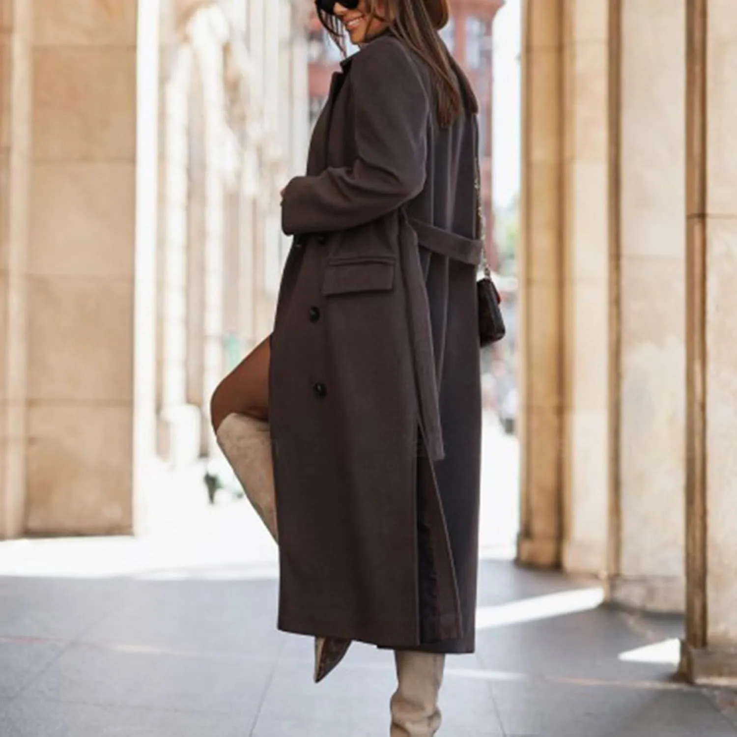 Women's Wool Blend Coat Oversized Long Coats Casual Winter Warm Double Breasted Pea Coat Jackets Outerwear with Belt