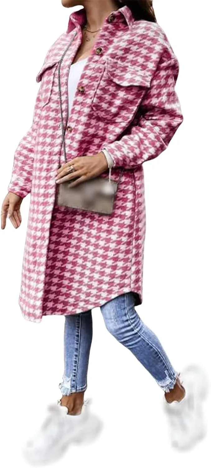 Womens Wool Blend Coats Lightweight Notched Lapel Collar Double Breasted Plaid Pea Coat Open Front Long Cardigan