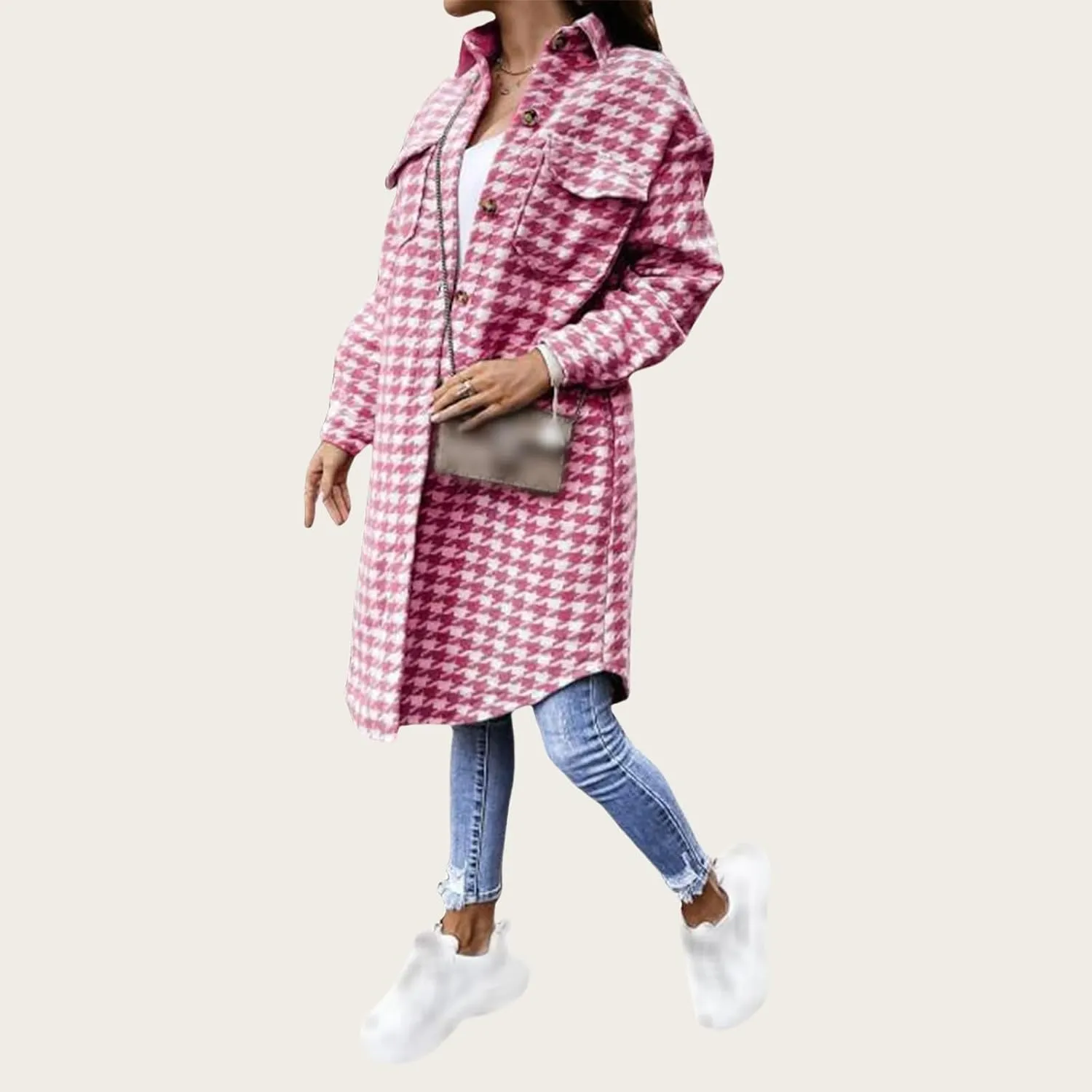 Womens Wool Blend Coats Lightweight Notched Lapel Collar Double Breasted Plaid Pea Coat Open Front Long Cardigan