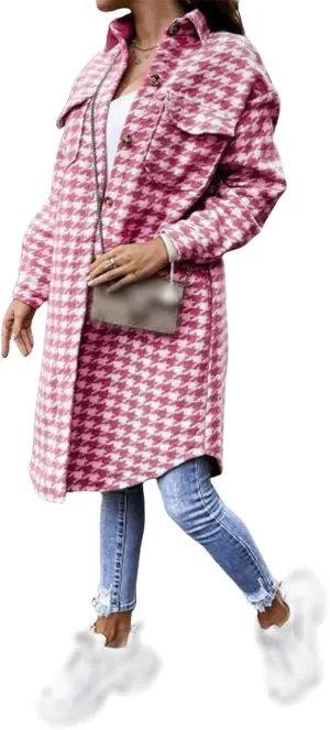 Womens Wool Blend Coats Lightweight Notched Lapel Collar Double Breasted Plaid Pea Coat Open Front Long Cardigan