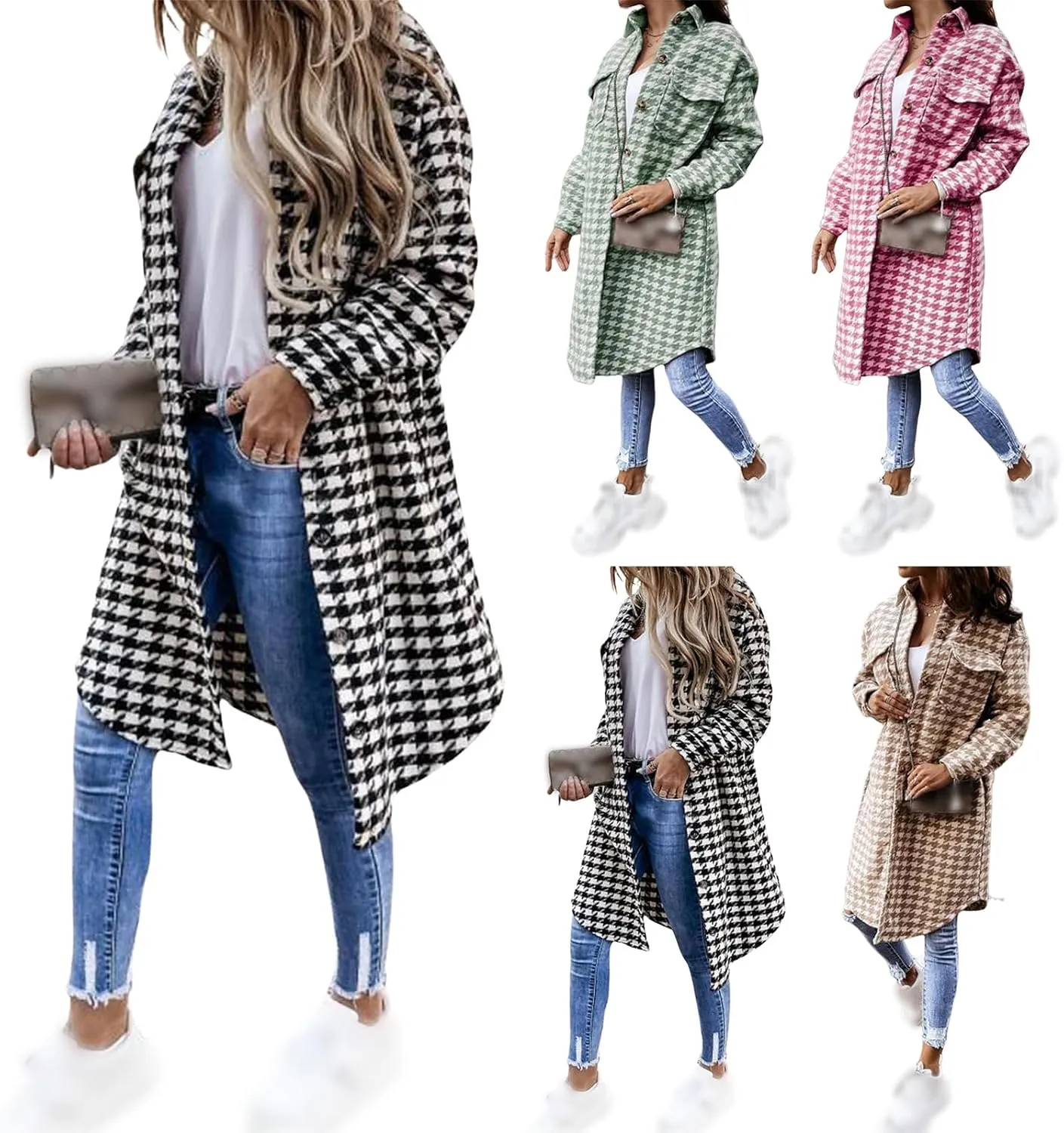 Womens Wool Blend Coats Lightweight Notched Lapel Collar Double Breasted Plaid Pea Coat Open Front Long Cardigan