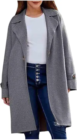 Women's Wool Blend Pea Coat Lapel Button Up Outerwear Trendy Jacket Business Overcoat Long Trench Coats with Pocket