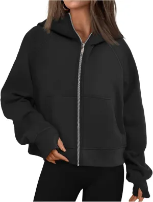 Womens Zip Up Hoodies Cropped Sweatshirts Fleece Jackets Fall Fashion Outfits Sweaters Winter Clothes Thumb Hole