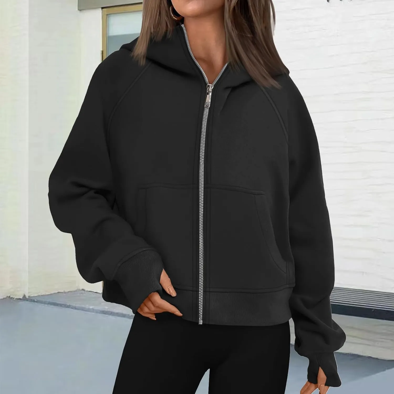 Womens Zip Up Hoodies Cropped Sweatshirts Fleece Jackets Fall Fashion Outfits Sweaters Winter Clothes Thumb Hole