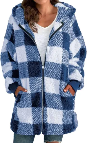 XUETON Women's Casual Wool Blend Flannel Plaid Shackets Zip Up Winter Lightweight Thermal Tartan Over Shirt Trench Coat(Blue,X-Large)