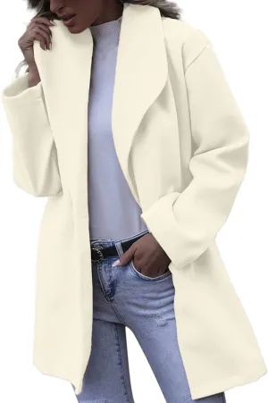 XUETON Womens Elegant Notched Collar Open Front Wool Blend Trench Coat Oversized Warm Winter Long Jackets Overcoat Outwear(White,Small)