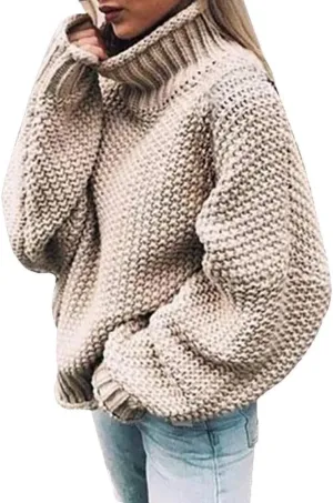 XUETON Womens Oversized Turtleneck Sweater Batwing Long Sleeve Casual Lightweight Loose Chunky Knit Pullover Knit Jumper Tops(Beige,Small)
