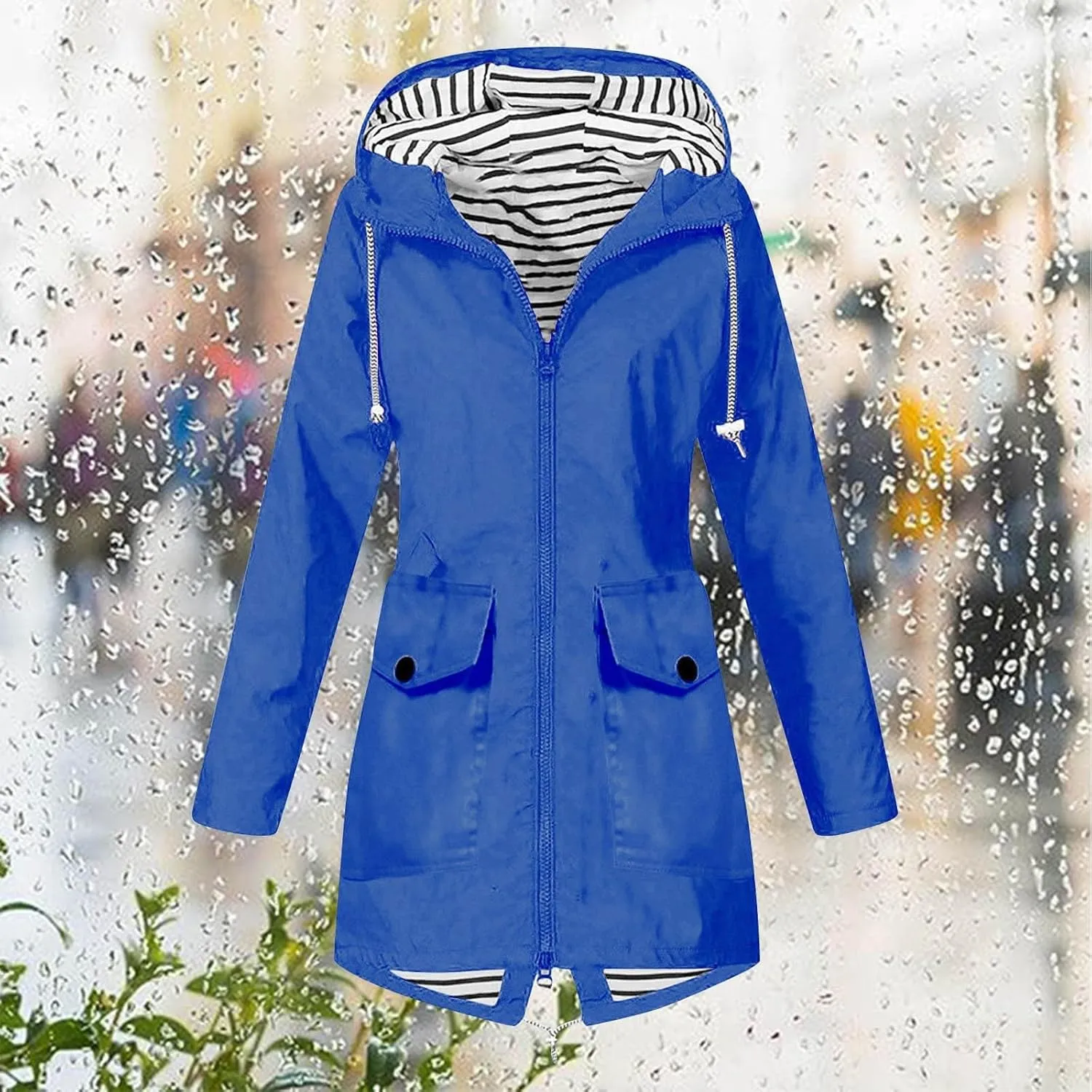 ZEFOTIM Womens Rain Jacket with Hood Waterproof Light Weight Casual Raincoat with Pockets Zip Up Travel Hiking Jackets