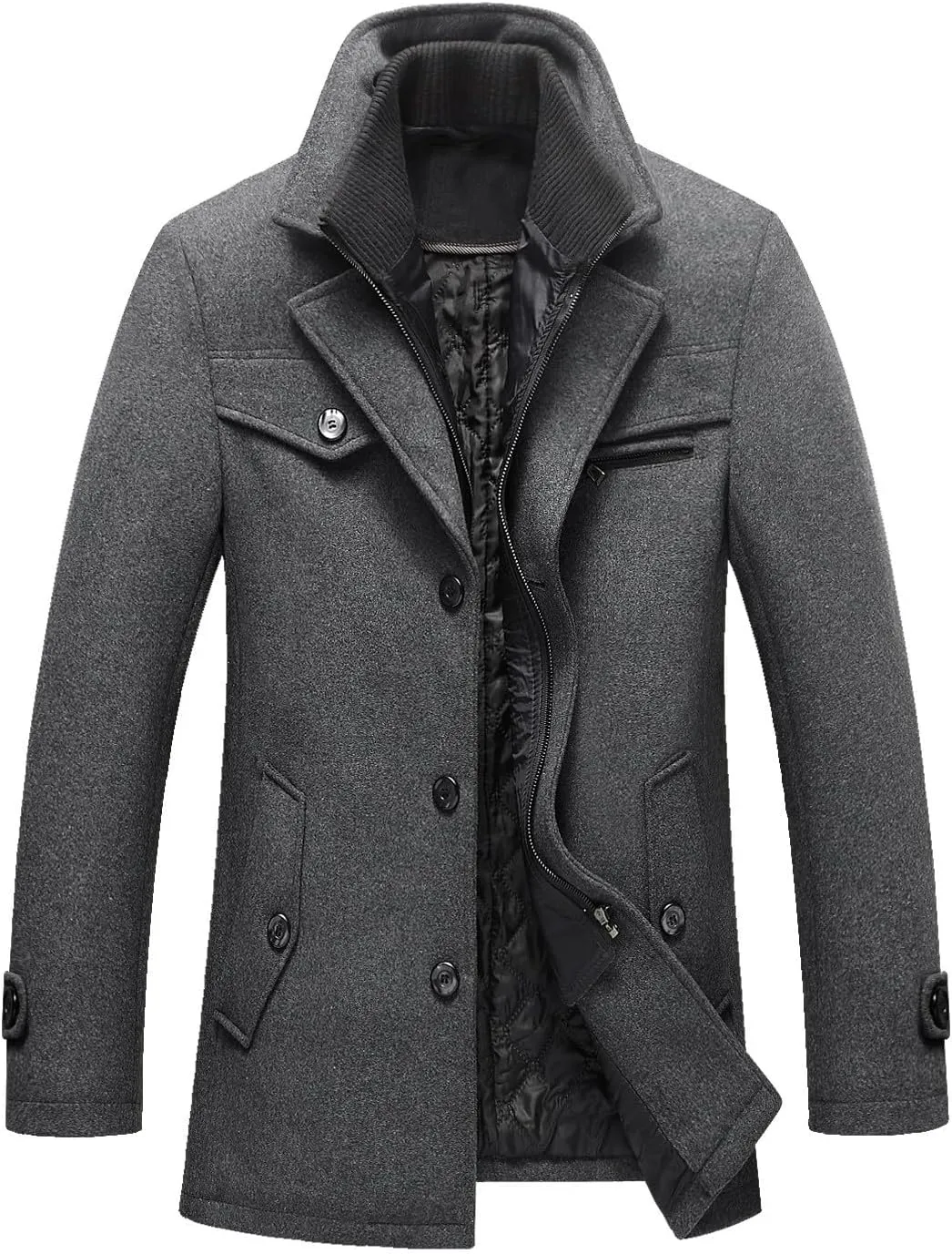 Zeiyignr Men's Winter Wool Coats Slim Fit Single Breasted Trench Jacket Woolen Pea Coat Thickened Warm Overcoat with Pockets