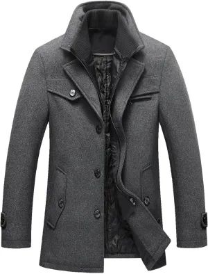 Zeiyignr Men's Winter Wool Coats Slim Fit Single Breasted Trench Jacket Woolen Pea Coat Thickened Warm Overcoat with Pockets