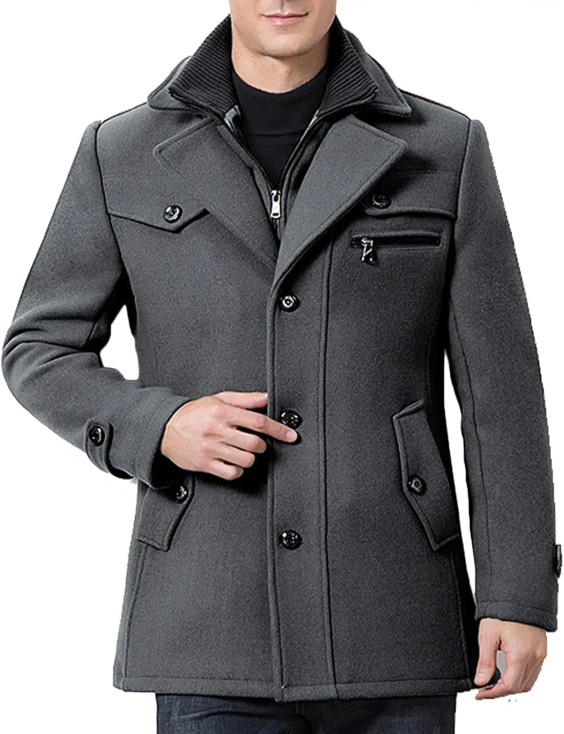 Zeiyignr Men's Winter Wool Coats Slim Fit Single Breasted Trench Jacket Woolen Pea Coat Thickened Warm Overcoat with Pockets
