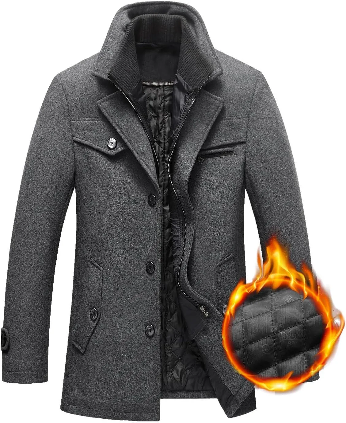 Zeiyignr Men's Winter Wool Coats Slim Fit Single Breasted Trench Jacket Woolen Pea Coat Thickened Warm Overcoat with Pockets