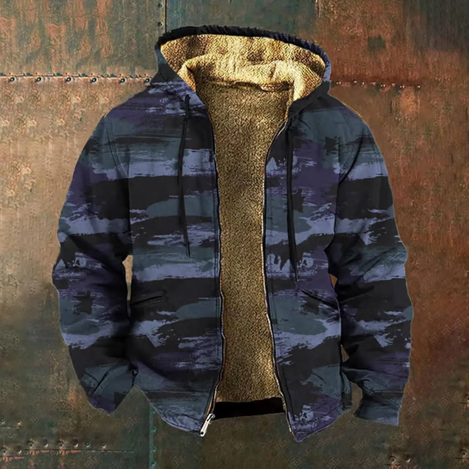 ZYXTIM Fleece Lined Hoodies for Men Zip Up Thick Sherpa Warm Winter Jackets Heavyweight Camo Vintage Trucker Jackets Big&Tall