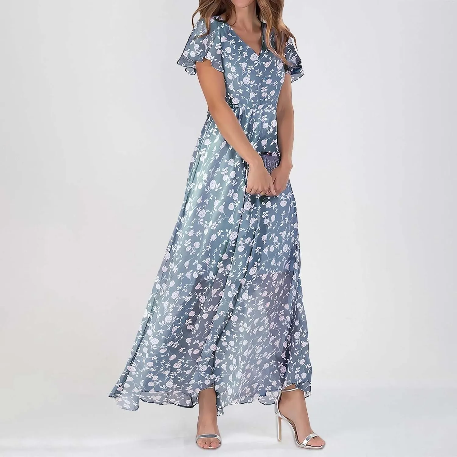 ZYXTIM Womens Floral Print Chiffon Dress Elegant V Neck Flare Sleeve Flowy A Line Maxi Dresses Summer Boho Smocked Long Dress